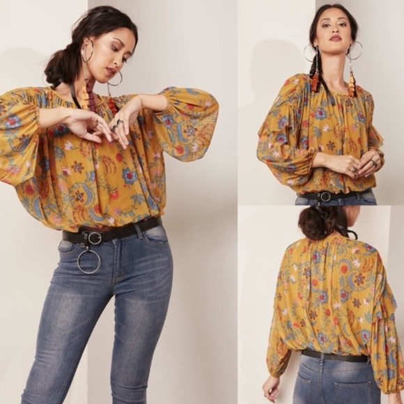 Free People Tops - Free People Wildflower Honey Blouse Floral Mustard Boho Size Large